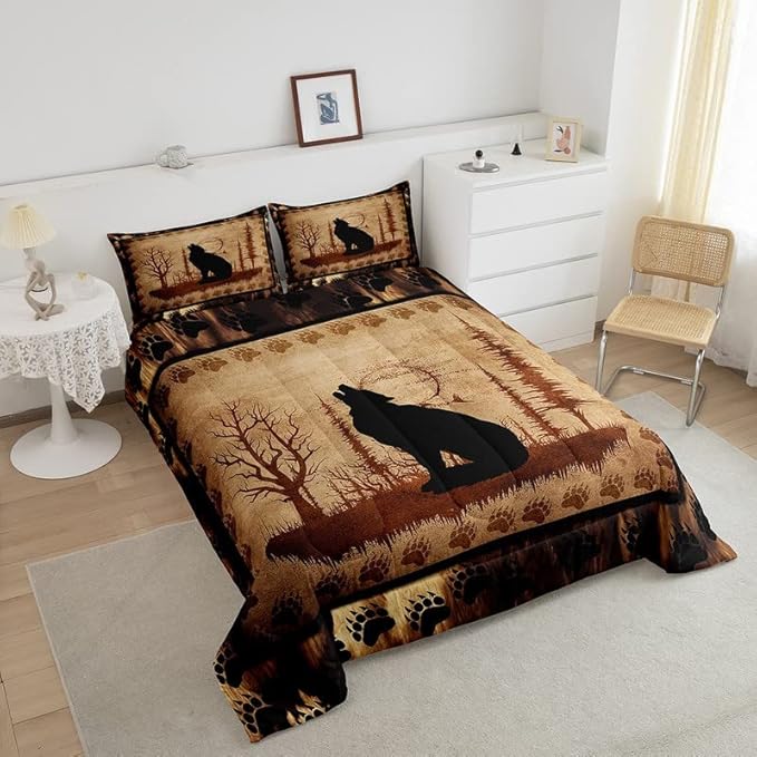 Feelyou Cute Wolf Comforter Set for Girls Boys Kids Wolves Howling Bedding Set Room Decorative Animal Wolves Tree Pattern Bedding Set Exotic Style Brown Black Duvet Set Twin Size 2Pcs Quilt Set