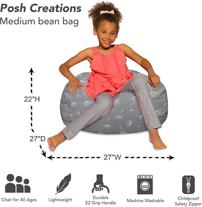 Posh Creations Bean Bag Chair for Kids, Teens, and Adults Includes Removable and Machine Washable Cover, Canvas White Dandelions on Gray, 27in - Medium