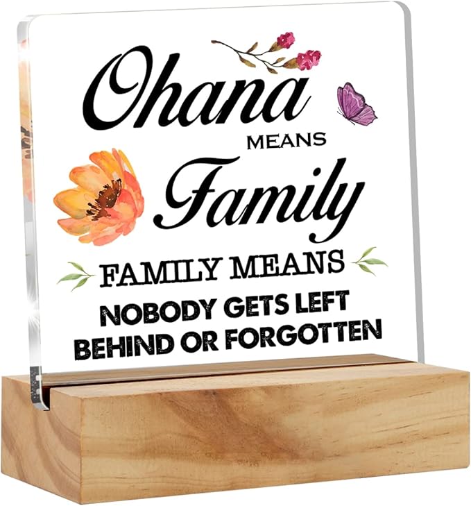 Family Quote Ohana Means Family Desk Decor Acrylic Desk Sign Acrylic Plaque Home Office Living Room Desk Shelf Decoration Gift 4.7"x4.7"