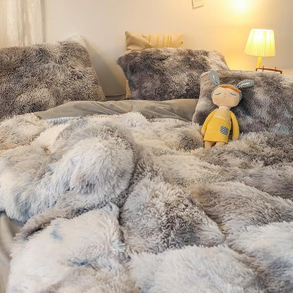 Faux Fur Kids Girls TD Black Comforter Sets Queen - 3PC Bed Set Warm Comfortable Soft Plush Flannel Velvet Fluffy Fuzzy Bedding（Comforter x 1 Pillowcases x 2）