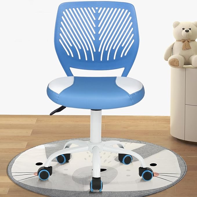 FurnitureR Desk Chair Small Study Chairs Armless for Child Kids Teens, Swivel Rolling Lightweight Task Chair with Wheels and Pu Leather Padded Cushion, Blue/White