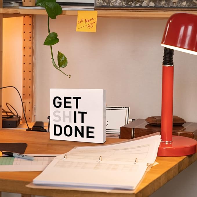 Home Office Desk Wooden Box Sign Decor, Get It Done, Inspirational Quotes Desk Decor Motivational Desk Decorations for Women Men Office