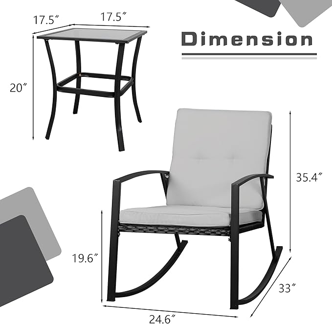Shintenchi Outdoor 3 Piece Rocking Bistro Set, Wicker Patio Outdoor Furniture Porch Chairs Conversation Sets with Glass-Top Coffee Table for Backyard Porch Poolside Lawn, Garden,Gray