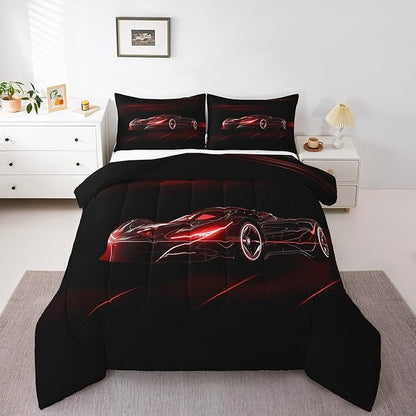 Feelyou Red Race Car Bedding Set Twin Size for Kids Boys Extreme Sport Games Comforter Set Teens Toddler Fast and Furious Duvet Set Cool Modern Quilt Set 2Pcs