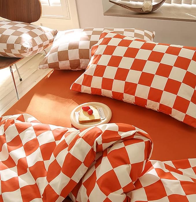 Orange White Grid Comforter Set King Burnt Orange Plaid Bedding Set Women Reddish and White Checkered Bed Comforter Set Breathable Blanket Set Men Durable Bedding Comforter Set