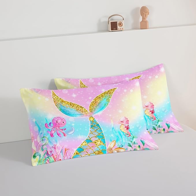HOSIMA Mermaid Comforter with 2 Pillowcases,Girly Rainbow Bedding Set Mermaid Tail Comforter,Glitter Gold Fish Scales King Size Comforter Set,Cute Sea Animal Octopus Seahorse Comforter.