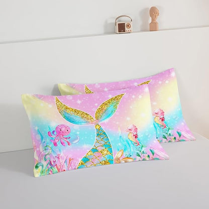 HOSIMA Mermaid Comforter with 2 Pillowcases,Girly Rainbow Bedding Set Mermaid Tail Comforter,Glitter Gold Fish Scales King Size Comforter Set,Cute Sea Animal Octopus Seahorse Comforter.