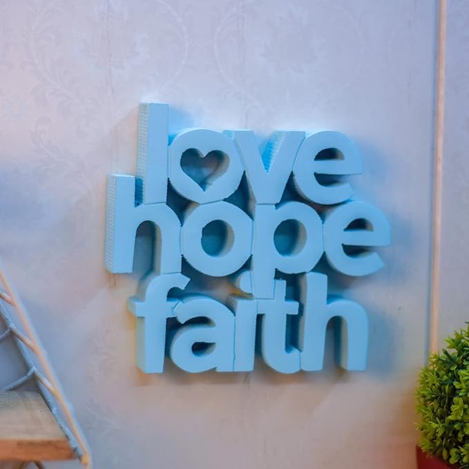 Love Hope Faith Blue, Aesthetic table decor for home or office, desk or Shelf. Quirky room decoration showpiece, ideal for birthday gift, corporate gift, and inspiring wall decor.