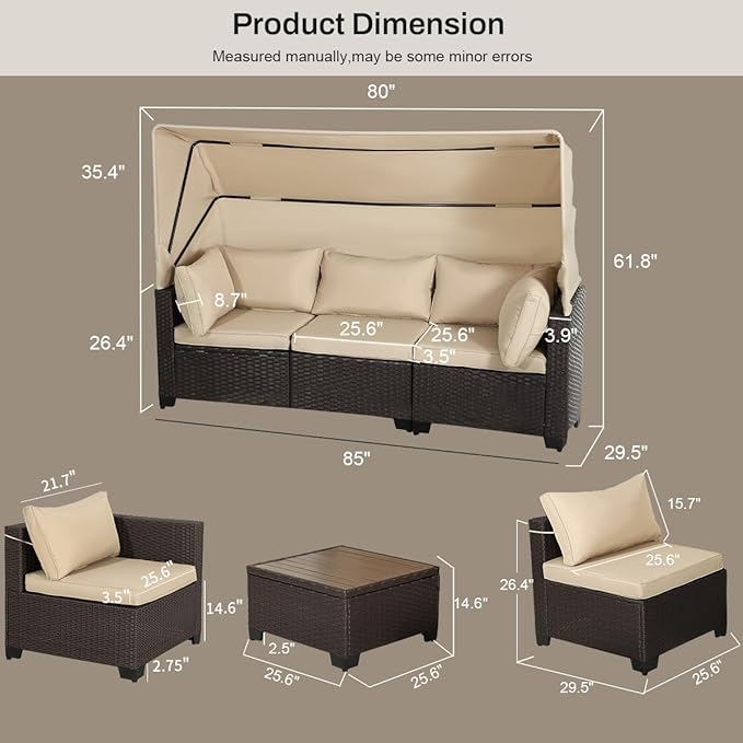 6 PCS Outdoor Patio Furniture Set,Sectional Sofa Set,Rattan Daybed with Retractable Canopy,Adjustable Backrest,Storage Coffee Table for Porch Garden Poolside Backyard(Khaki)