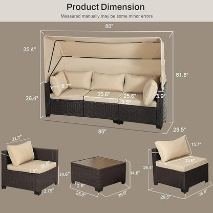 6 PCS Outdoor Patio Furniture Set,Sectional Sofa Set,Rattan Daybed with Retractable Canopy,Adjustable Backrest,Storage Coffee Table for Porch Garden Poolside Backyard(Khaki)