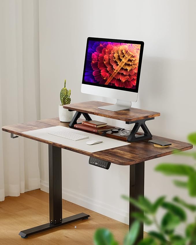 Memory Electric Height Adjustable Desk Sit Stand Up Computer Workstation for Home Office, 48inch, Rustic Brown