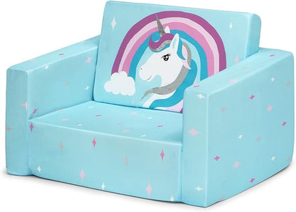 Delta Children Cozee 2-in-1 Convertible Sofa to Lounger For Bedroom - Lightweight,Portable Comfy Flip Open Couch/Sleeper for Kids, Blue Unicorn