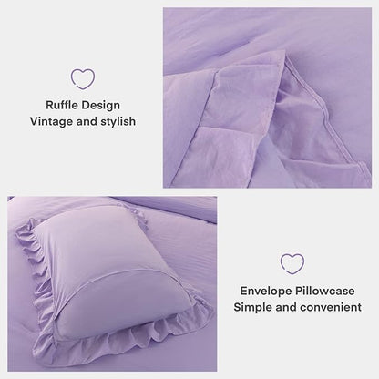 Andency Lavender Ruffle Comforter Full(79x90Inch), 3 Pieces(1 Ruffled Comforter and 2 Pillowcases) Solid Farmhouse Shabby Chic Comforter, Vintage Rustic Soft Microfiber Bedding Set