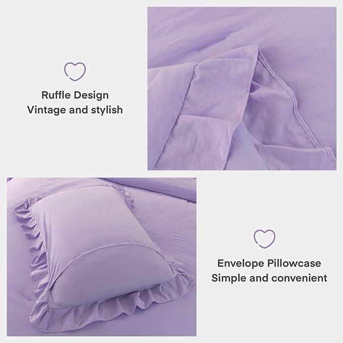 Andency Lavender Ruffle Comforter Queen(90x90Inch), 3 Pieces(1 Ruffled Comforter and 2 Pillowcases) Solid Farmhouse Shabby Chic Comforter, Vintage Rustic Soft Microfiber Bedding Set