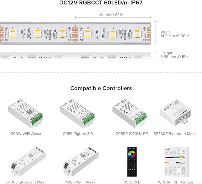 BTF-LIGHTING RGBCCT 5 Colors in 1 LED 5050SMD RGBWW RGB+Dimmable Tunable Color Temperature 2700K-6500K 16.4ft 60LEDs/m 300LEDs DC12V Multi-Colored Tape Lights IP67 White PCB(No Adapter or Controller)