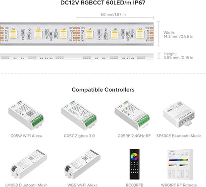BTF-LIGHTING RGBCCT 5 Colors in 1 LED 5050SMD RGBWW RGB+Dimmable Tunable Color Temperature 2700K-6500K 16.4ft 60LEDs/m 300LEDs DC12V Multi-Colored Tape Lights IP67 White PCB(No Adapter or Controller)