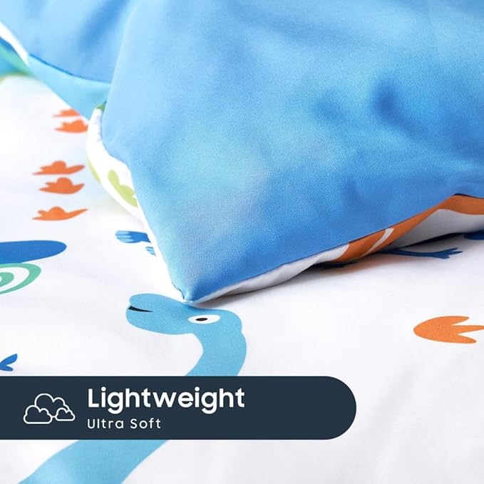 Wake In Cloud - Dinosaur Bedding Set for Boys, Cute Colorful Dinosaur Comforter Set with Sheets, 5 Pieces Kids Bed in a Bag, White Blue, Twin Size