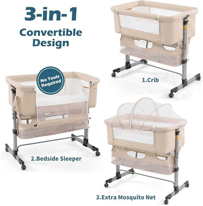 Baby Crib,3 in 1 Bedside Crib Adjustable Portable Bed for Infant,Baby Bassinet Baby Newborn Must Have Bed, Khaki