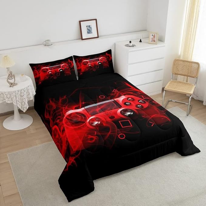 Kids Gaming Comforter Set Full Size Gamer Bedding Set for Boys Teens Gamer Bedroom Decor Youth Video Game Comforter Red Black Geometry with 2 Pillow Case