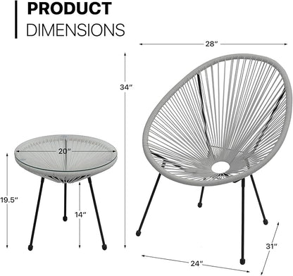MoNiBloom 3 Piece Outdoor Seating Acapulco Chair, Modern Patio Furniture Outdoor Conversation Set, Glass Top Table and 2 Metal Steel Chairs for Garden Poolside Balcony, Weight Capacity 250 lbs, Grey