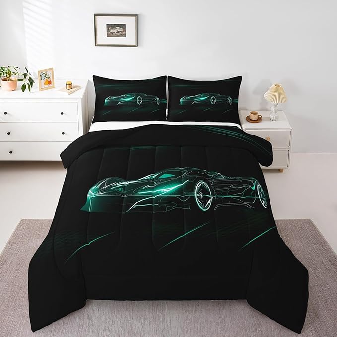 Feelyou Teal Race Car Bedding Set Full Size for Kids Boys Extreme Sport Games Comforter Set Teens Toddler Fast and Furious Duvet Set Cool Modern Quilt Set 3Pcs