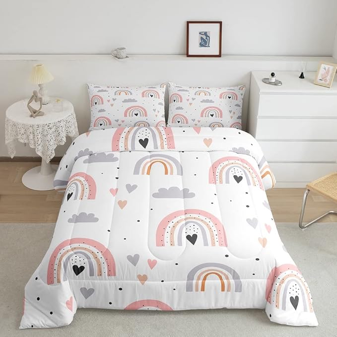 Rainbow Queen Bedding Sets For Girls, Kawaii Cloud Comforter Set 3 Pieces With 2 Pillow Cases, Pink Love Heart Down Comforter For Kids Boys Women Adult, Hand Drawn Cartoon Rainbow Duvet Insert