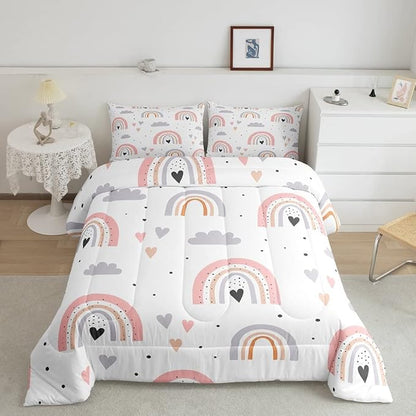 Rainbow Queen Bedding Sets For Girls, Kawaii Cloud Comforter Set 3 Pieces With 2 Pillow Cases, Pink Love Heart Down Comforter For Kids Boys Women Adult, Hand Drawn Cartoon Rainbow Duvet Insert