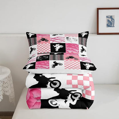 Motocross Comforter Set, Dirt Bike Bedding Sets & Collections King, Motorcycle Rider Down Comforter for Kids Boys Girls, Motorbike Extreme Sport Game Comforter Set, Buffalo Plaid, Pink Grey Black