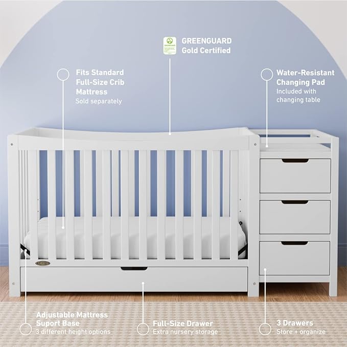 Graco Remi 4-In-1 Convertible Crib & Changer With Drawer (White) – GREENGUARD Gold Certified, Crib And Changing-Table Combo, Includes Changing Pad, Converts To Toddler Bed, Full-Size Bed