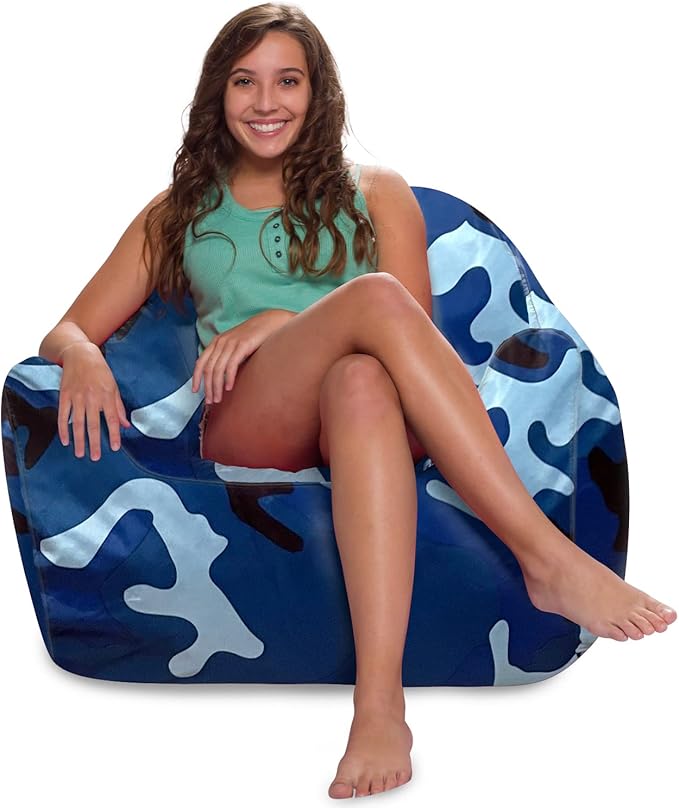 Posh Creations Structured Comfy Bean Bag Chair for Gaming, Reading and Watching TV, Malibu Lounge, Nylon - Camo Blue and Light Blue