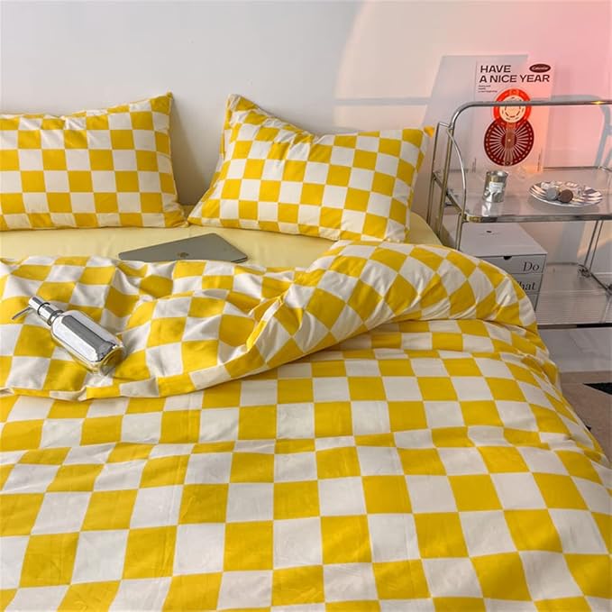 Wellboo Yellow and White Comforter Sets California King Women Men Bright Yellow Checkerboard Grid Bedding Comforters Cotton Modern Yellow Checkered Geometric Quilts Cal King Luxury Elegant Yellow Bed