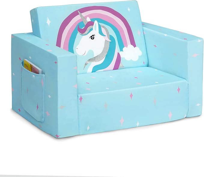 Delta Children Cozee 2-in-1 Convertible Sofa to Lounger For Bedroom - Lightweight,Portable Comfy Flip Open Couch/Sleeper for Kids, Blue Unicorn