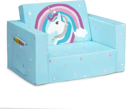 Delta Children Cozee 2-in-1 Convertible Sofa to Lounger For Bedroom - Lightweight,Portable Comfy Flip Open Couch/Sleeper for Kids, Blue Unicorn