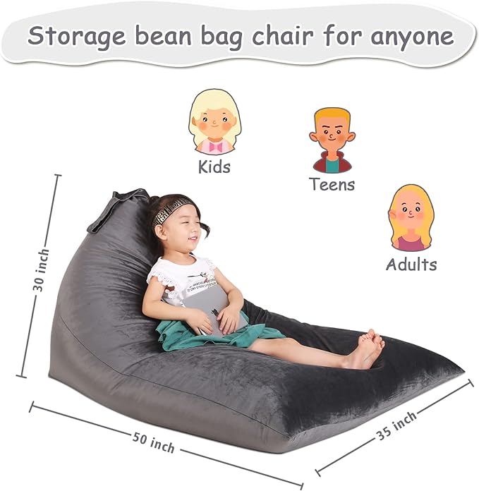 Stuffed Animal Storage Bean Bag Chair for Kids and Adults, Stuffed Animal Bean Bag Storage, Luxury Velvet Stuffie Seat - COVER ONLY(Dark Grey 200L/52 Gal)