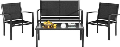 Greesum 4 Pieces Patio Furniture Set, Outdoor Conversation Sets for Patio, Lawn, Garden, Poolside with A Glass Coffee Table, Black