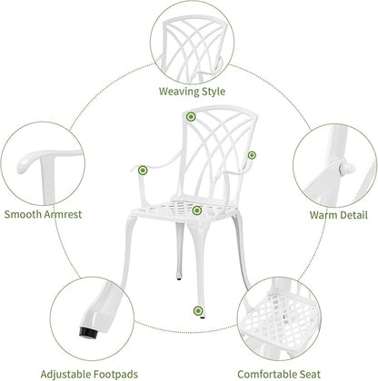 Patio Bistro Set 3 Piece with Umbrella Hole, Outdoor Bistro Table and Chairs Set of 2, Patio Bistro Set 3 Piece white, Cast Aluminum Furniture for Park Yard Front Porch