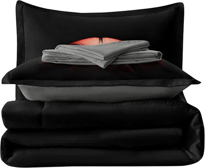 Teenage Boy Bedding Sets Twin 4 Pieces Basketball Comforter Set for Boys Twin Size Bed in a Bag Set, Basketball Bedding Twin, Red Black