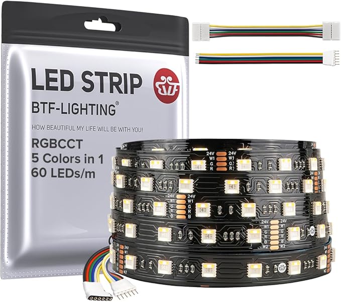 BTF-LIGHTING RGBCCT 5 Colors in 1 LED 5050SMD RGBWW RGB+Dimmable Tunable Color Temperature 2700K-6500K 16.4ft 60LEDs/m 300LEDs DC24V Multi-Colored Lights IP30 for Decoration(No Adapter or Controller)