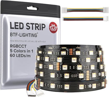 BTF-LIGHTING RGBCCT 5 Colors in 1 LED 5050SMD RGBWW RGB+Dimmable Tunable Color Temperature 2700K-6500K 16.4ft 60LEDs/m 300LEDs DC24V Multi-Colored Lights IP30 for Decoration(No Adapter or Controller)
