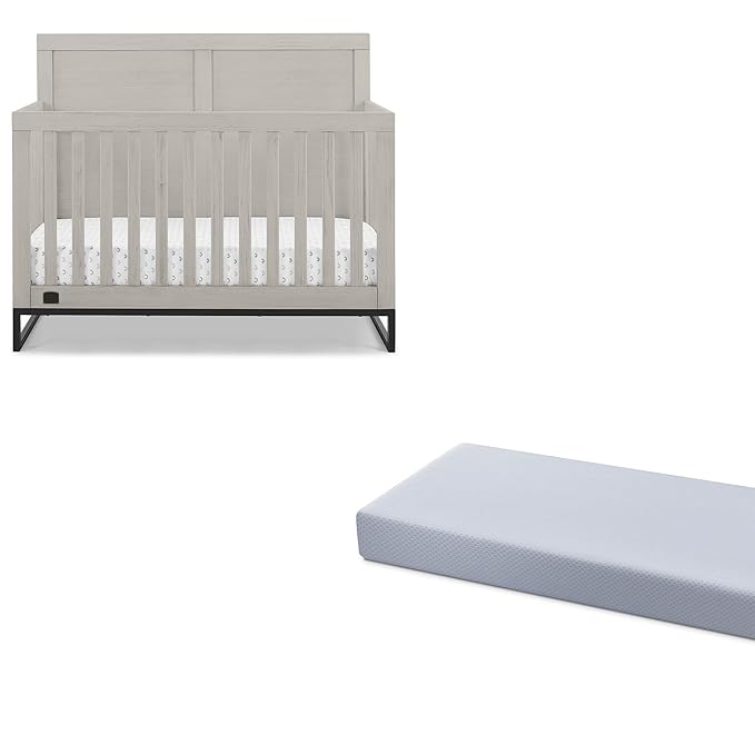 Simmons Kids Foundry 6-in-1 Convertible Baby Crib, Rustic Mist with Matte Black + Quiet Nights Breathable Crib Mattress with Removable/Machine Washable Cover (Bundle)