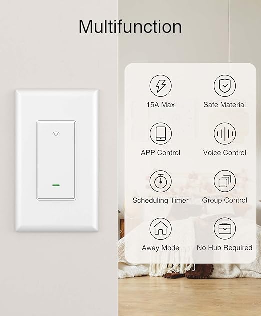 GHome Smart Switch, 2.4Ghz Wi-Fi Switch Works with Alexa, Google Assistant Single-Pole,Neutral Wire Required,UL Certified,Remote/Voice Control and Schedule, No Hub Required, (2 Pack),White