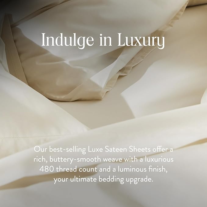 Brooklinen Luxury Sateen 4 Piece Queen Size Sheets Set in Cream - 100% Cotton Sateen Sheets - 1 Fitted Sheet, 1 Flat Sheet, 2 Pillowcases - Best Luxury Sheets