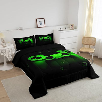 Gamer Comforter Set For Boys Queen,Gaming Bedding Comforters For Kids Teens Men Game Room Decor,Video Game Down Comforter Reversible Retro Green Gamepad Controller Quilt Duvet Sets Home Decor 3 Pcs