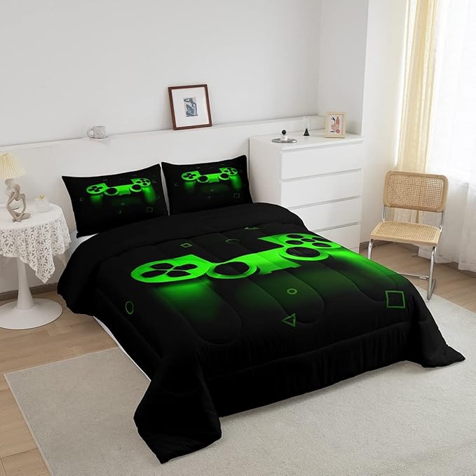 Gamer Comforter Set For Boys Twin,Gaming Bedding Comforters For Kids Teens Men Game Room Decor,Video Game Down Comforter Reversible Retro Green Gamepad Controller Quilt Duvet Sets Home Decor 2 Pcs