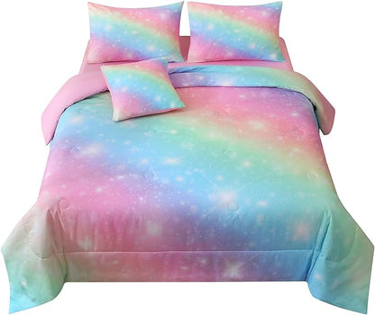 JQinHome Glitter Bedding Set Queen Size,6 Piece Bed in A Bag 3D Colorful Rainbow Galaxy Comforter Set for Girls Kids-All Season Microfiber Tie-Dye Bedding Sets(Rainbow)