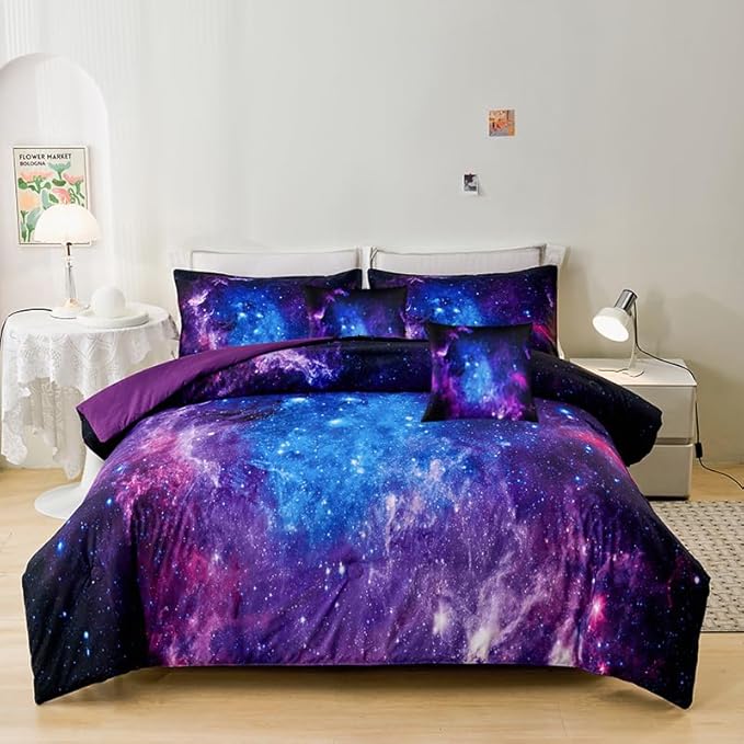 7PCS Purple Comforter Sets Queen,Girls Galaxy Comforter Queen,Girls Bed Sets Queen,Bed in a Bag with Flat Sheet and Fitted Sheet,Pillowcases,Cushions for Girls,Galaxy Bedding Sets