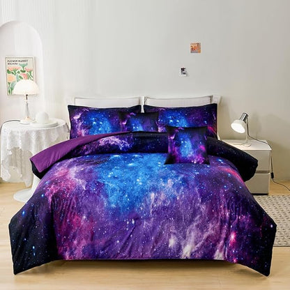 7PCS Purple Comforter Sets Queen,Girls Galaxy Comforter Queen,Girls Bed Sets Queen,Bed in a Bag with Flat Sheet and Fitted Sheet,Pillowcases,Cushions for Girls,Galaxy Bedding Sets