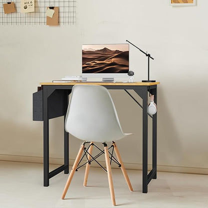 SMUG Computer Desk Small 32” Gaming Table Writing Work Student Study PC Workstation Simple Style Wooden with Side Bag Iron Hook Sturdy Metal Frame for Bedroom, Home, Office, Natural