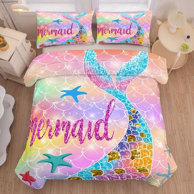 NINENINE Mermaid Comforter Set,Queen Size Princess Bedding Sets for Girls,Glitter Comforter Sets for Girls,Kids Colorful Fish Bedding Sets with 1 Comforter 2Pillowcases…