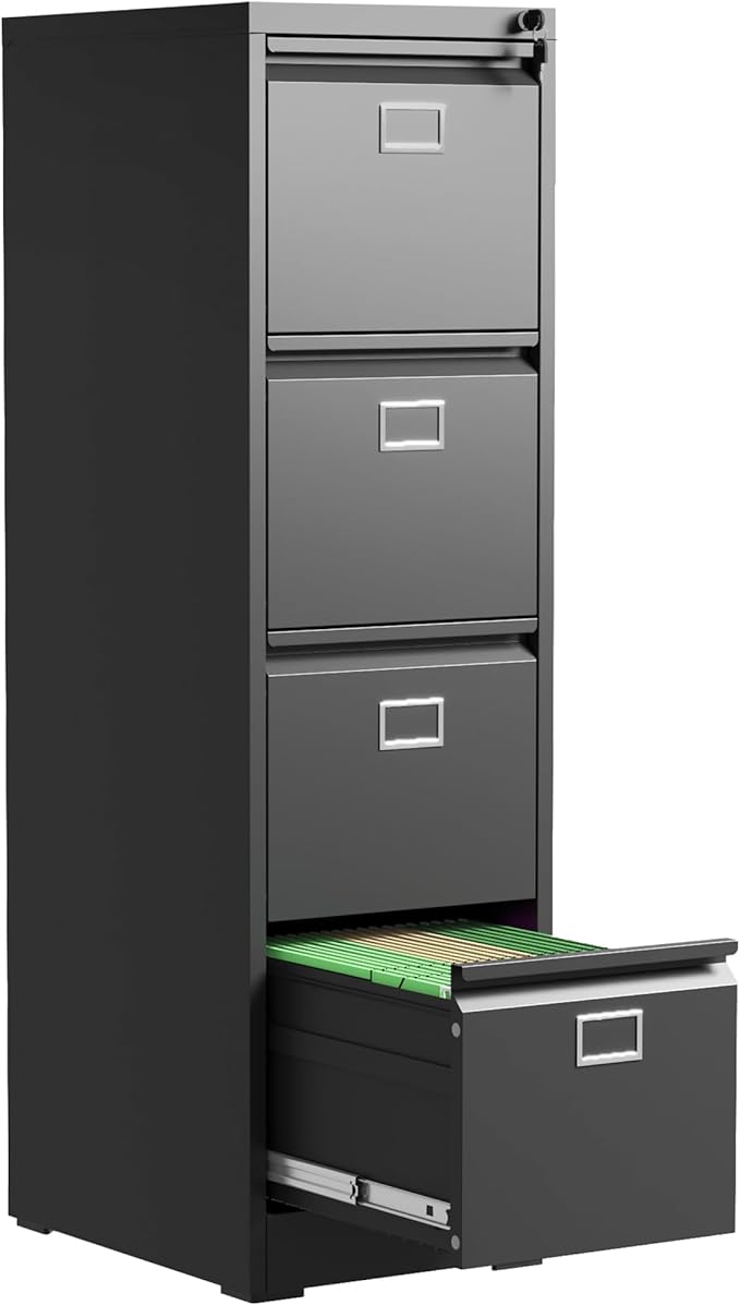 4 Drawer File Cabinet, Metal Vertical File Cabinets with Lock for Home Office, Heavy Duty Office Steel Filing Cabinet for Hanging Files for A4/ Legal/Letter,Assembly Required (Black)